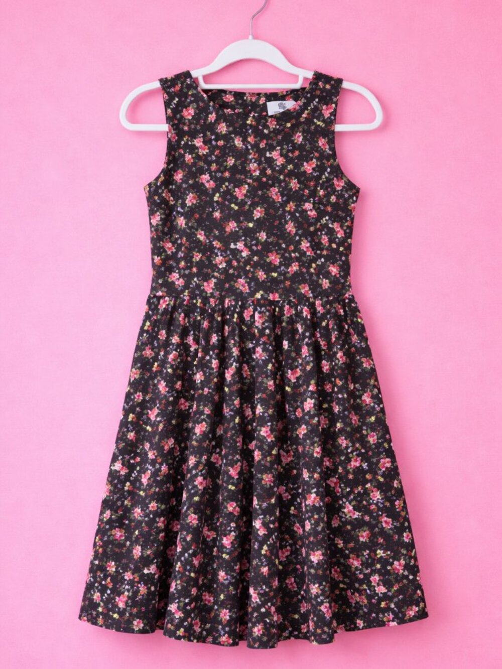 Sleeveless Black Midi Dress with Pink Floral Print